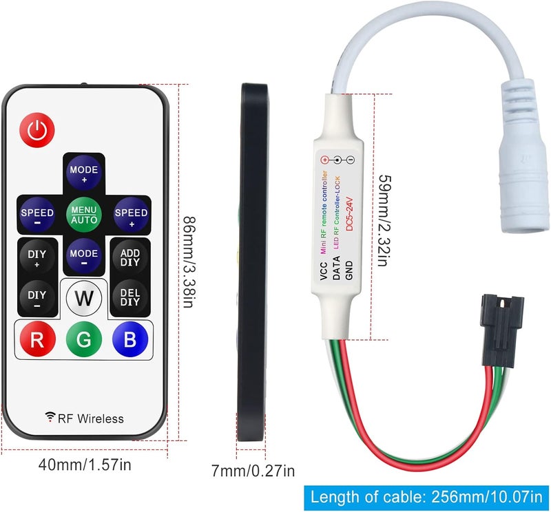 RGBZONE WS2812B RF LED Controller, 3-PIN Mini LED Strip Lights Controller, DC 5V/12V/24V for WS2812 WS2811 Dream Color LED Strip Lights(14 Key) - Image 2